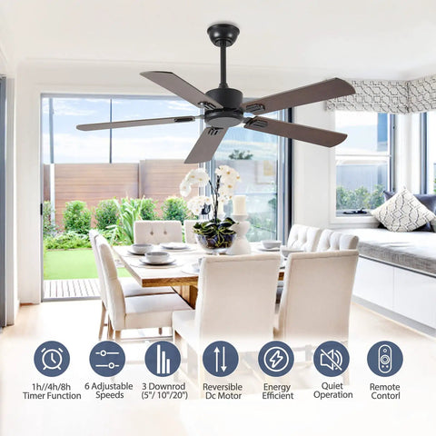 52 Inch Wood Dual Finish Ceiling Fan With Remote in dining room, dark walnut blades shown, low profile indoor outdoor fan, no light