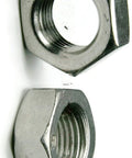 M16x2.0 hex jam nuts, two stainless steel pieces with visible internal threads (close-up).