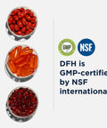 Three bowls with red and orange capsules next to GMP and NSF certification logos for Calcium Malate Chelate With Vitamin D3 Bone Health Boost Supplement For Women And Men 500mg Calcium Easy Absorption With Malic Acid Non GMO 120 Capsules For Strong Bones And Overall Wellness.