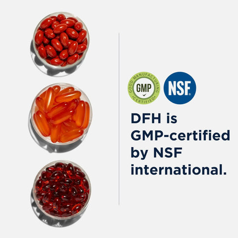 Three bowls with red and orange capsules next to GMP and NSF certification logos for Calcium Malate Chelate With Vitamin D3 Bone Health Boost Supplement For Women And Men 500mg Calcium Easy Absorption With Malic Acid Non GMO 120 Capsules For Strong Bones And Overall Wellness.