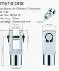 Air Cylinder Y Connector Clevis End M10x1.25 Female Thread Y32 For 25mm And 32mm Cylinders showing dimensions and dimensions view