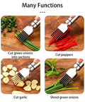 Two-piece stainless steel scallion cutter set; collage of four cuts: green onions, peppers, garlic, onions