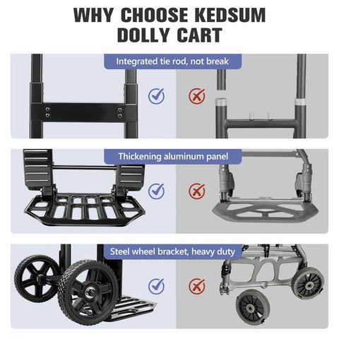 Straight Up Heavy Duty Folding Hand Truck With Seven Inch Solid Rubber Wheels, 460 Pound Weight Capacity All Terrain Rolling Cart showing integrated tie rod, thick aluminum panel, and heavy duty wheel bracket.