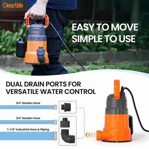 Beefy Submersible Sump Pump With Tethered Float Switch One Quarter Horsepower Utility Water Pump, dual hose discharge view