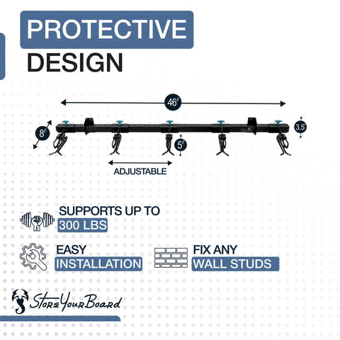 Heavy Duty Wall Mount Ski Rack That Locks Up To Five Pairs, adjustable design with rubber hooks, supports 300 lbs, perfect for garages.