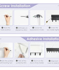 Diagram showing screw and adhesive installation for Compact Wall Mount Key Holder With Tray And Six Hooks Black Finish Easy Two Mount Options With Adhesive Tape Or Screws Durable Key Organizer For Entryway Or Kitchen That Keeps Keys And Small Accessories In Check And Ready To Grab.
