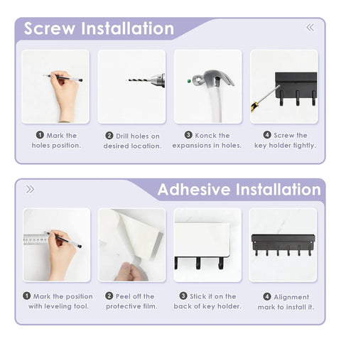 Diagram showing screw and adhesive installation for Compact Wall Mount Key Holder With Tray And Six Hooks Black Finish Easy Two Mount Options With Adhesive Tape Or Screws Durable Key Organizer For Entryway Or Kitchen That Keeps Keys And Small Accessories In Check And Ready To Grab.