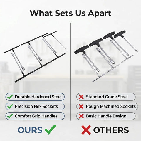 Comparison of Heavy Duty T Handle Socket Wrench Set for Cars and Bikes vs standard grade tools, highlighting features.