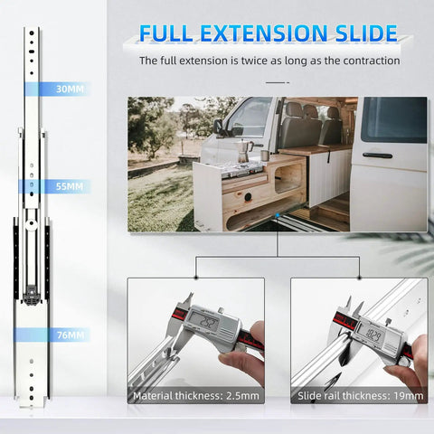 Beefy Heavy Duty Drawer Slides 470 Lb Load Capacity Full Extension Ball Bearing Side Mount Rails with measurement details.