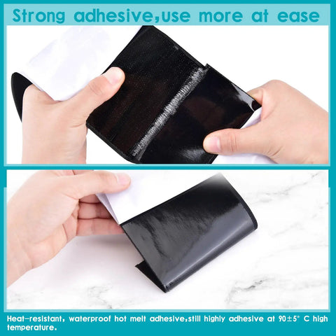 Hands peeling adhesive backing from heavy duty hook and loop tape, 4 inch by 18 feet black nylon for couches and rugs.