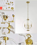 Modern Four Light Pendant Chandelier assembly with clear acrylic globes and brass finish components for kitchen island dining rooms.