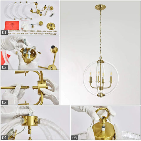 Modern Four Light Pendant Chandelier assembly with clear acrylic globes and brass finish components for kitchen island dining rooms.