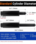 Product dimensions of 2.4 Inch Short Gas Lift Cylinder For Office Chairs with detailed measurement chart, heavy-duty design