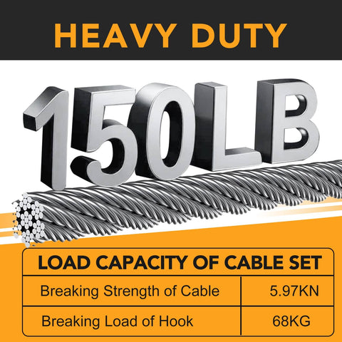 Load capacity chart for 4 Pack Stage Light Safety Cables With Loops And Snap Hooks, 150 lb strength, 304 stainless steel