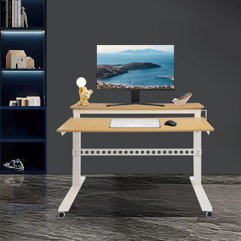 Heavy Duty Dual Tier Standing Desk With Smooth Crank Lift Tough Locking Wheels And Roomy Carbon Steel Desktop For Home Office featuring a light wood top and white frame.
