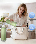 Premium Grab And Go 22 Ounce Stainless Steel Breastmilk Cooler For Travel Portable Milk Chiller held by a woman, easy to carry bag.