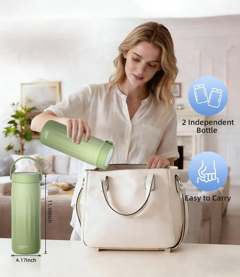 Premium Grab And Go 22 Ounce Stainless Steel Breastmilk Cooler For Travel Portable Milk Chiller held by a woman, easy to carry bag.
