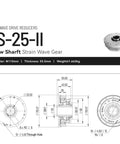 Technical diagram of SHF-25-II Strain Wave Gear Reducer with specs: diameter 115mm, thickness 55.5mm. Image of hollow shaft gear design.