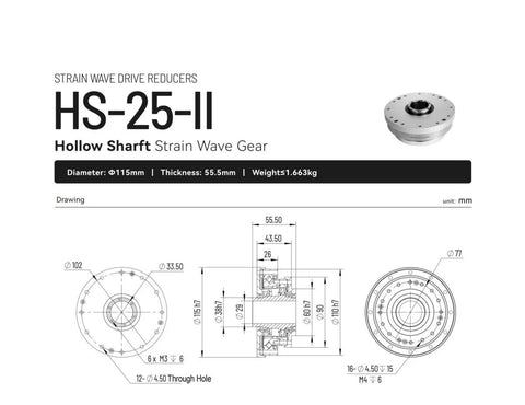 Technical diagram of SHF-25-II Strain Wave Gear Reducer with specs: diameter 115mm, thickness 55.5mm. Image of hollow shaft gear design.