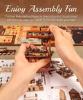 Hands assembling Dope DIY Japanese Izakaya Book Nook Kit For Adults Teens And Beginners, showing parts and instructions.