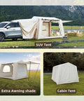 Quick Setup Camping Tent With Air Beams For Easy Outdoor Shelter No Poles To Mess With All Season Waterproof 210D Oxford Fabric Dual Action Pump Included For Fast Setup In Under 5 Minutes shown in different configurations: SUV tent, extra awning shade, and cabin tent.