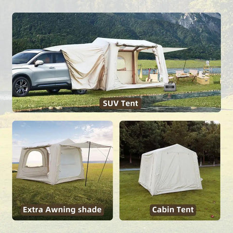 Quick Setup Camping Tent With Air Beams For Easy Outdoor Shelter No Poles To Mess With All Season Waterproof 210D Oxford Fabric Dual Action Pump Included For Fast Setup In Under 5 Minutes shown in different configurations: SUV tent, extra awning shade, and cabin tent.