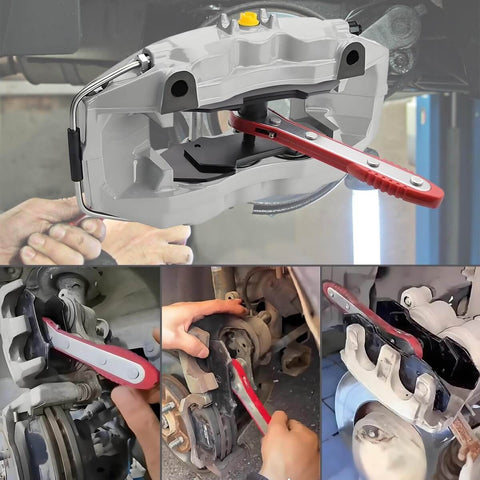 Brake Caliper Press Tool With 360 Degree Swing Ratchet Piston Compressor Pad Spreader DIY Ready Pro Grade And Two Extra Steel Plates, Adjustable From 1.57 To 2.76 Inches For Double And Four Piston Calipers Red in use on car brakes.