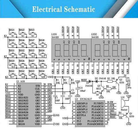 Electrical schematic for Hands On Soldering Practice Kit With 7 Digit LED Display Calculator And Resistor Decoder