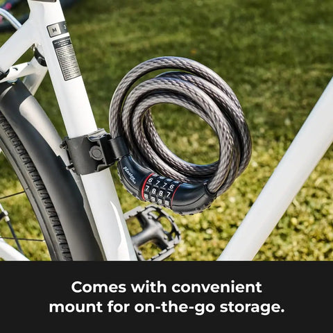 Bike Cable Lock 6 Feet By Half Inch With Resettable Four Digit Combination And Black Vinyl Coating attached to bike frame