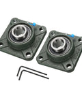 Front view of two uxcell UCF206-18 pillow block bearings with 1-1/8 in bore on green cast-iron flanges.
