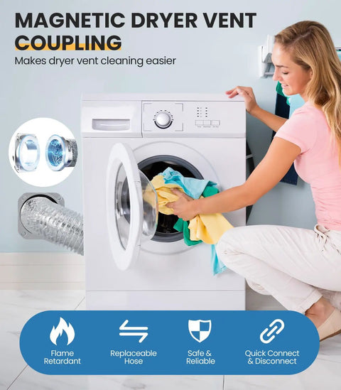 Woman using Magnetic Dryer Vent Connector Kit with Quick Connect Design and Airtight Seal 4 Inch Flexible Duct Hose installed.