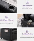 Leather Convertible Sleeper Chair Bed For Adults with cup holders, USB Type-C ports, and side pockets in black leather.