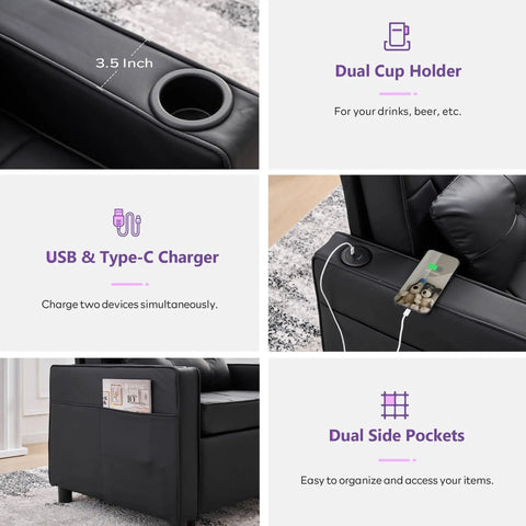 Leather Convertible Sleeper Chair Bed For Adults with cup holders, USB Type-C ports, and side pockets in black leather.
