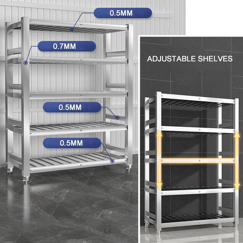 Heavy Duty Stainless Steel Shelving Unit Rock Solid Workhorse For Kitchen Garage Commercial Storage Adjustable Four Tier Metal Rack with adjustable shelves.