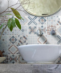 Modern bathroom with Peel And Stick Backsplash Tiles Kit 5 Sheets Of 9x9 Inches 3D Adhesive Wall Tiles above white sink