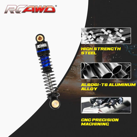 Image of 47mm Oil Type Shocks For CR18P Hobbyplus 1/18 Rock Van Front And Rear Upgrade Kit Blue Alloy Bodies With Three Spring Options For Beefed Up Trail Hunter Evo Series Rigs showcasing blue alloy shock and manufacturing details.