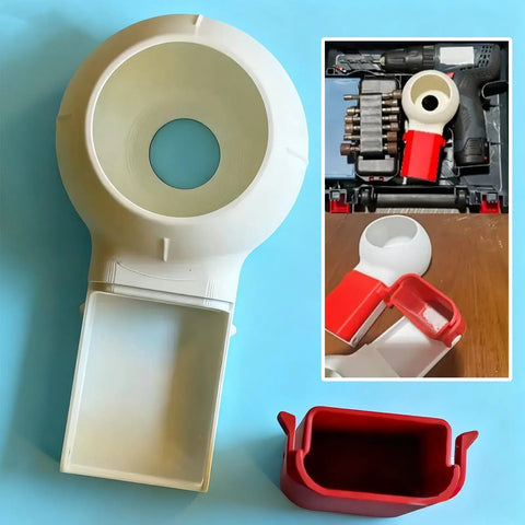 Dust Catcher Box For Drywall Holes Universal Compatibility With Most Drill Bits shown in white and red, mess free drilling
