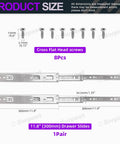 Diagram of Premium 300mm Full Extension Ball Bearing Drawer Slides with Quiet Glide, includes screws, hardware dimensions shown