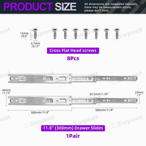 Diagram of Premium 300mm Full Extension Ball Bearing Drawer Slides with Quiet Glide, includes screws, hardware dimensions shown