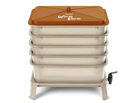 Five Tray Worm Compost Bin 53 Quart Vermicompost System For Indoor And Outdoor Use with brown top and spigot