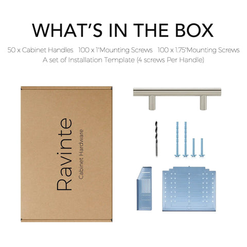 Box contents for 50 Pack 5 Inch Brushed Nickel Cabinet Pulls Stainless Steel Kitchen Drawer Handles With 3 Inch Center To Center Spacing And Included Mounting Template For Quick No Nonsense Install, showing handles, screws, drill bit, and template.