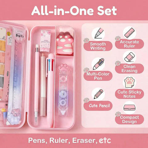 Pink Kawaii Stationery Set 9 Plus 1 Piece Kit With Cat Paw Design open showing pens, ruler, eraser, and sticky notes