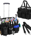 Extra Large Rolling Cleaning Caddy With Built In Hard Support Board And Detachable Trolley, filled with cleaning supplies, and adjustable strap.