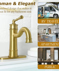 Brushed Gold Bathroom Sink Faucet With Single Hole Deck Mount, Pop Up Drain, Overflow, shown with Roman design elements.