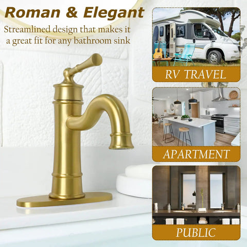 Brushed Gold Bathroom Sink Faucet With Single Hole Deck Mount, Pop Up Drain, Overflow, shown with Roman design elements.