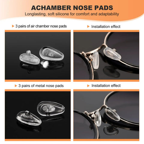 Image showing various types of nose pads for glasses, including silicone anti slip and metal options with installation examples for secure fit.