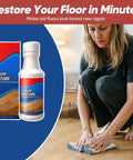 Two Pack Floor Restore Spray For Wood Tile Laminate Vinyl And Bamboo Floors Make Floors Pop Shine Renewal Polish Quick Dry Protective Finish Deep Clean Protective Layer For Dull Surfaces bottle and box with woman cleaning floor