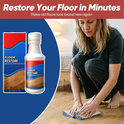 Two Pack Floor Restore Spray For Wood Tile Laminate Vinyl And Bamboo Floors Make Floors Pop Shine Renewal Polish Quick Dry Protective Finish Deep Clean Protective Layer For Dull Surfaces bottle and box with woman cleaning floor