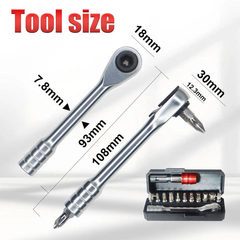 Bike Repair Kit 13 in 1 Mini Ratchet Wrench Set with 11 Bits, showing tool sizes, compact design for home and travel use.
