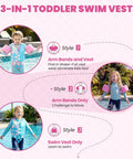 Three In One Kids Swim Vest With Detachable Arm Bands For Ages Two To Eight, Full Upper Torso Zip Front, Adjustable Crotch Strap
